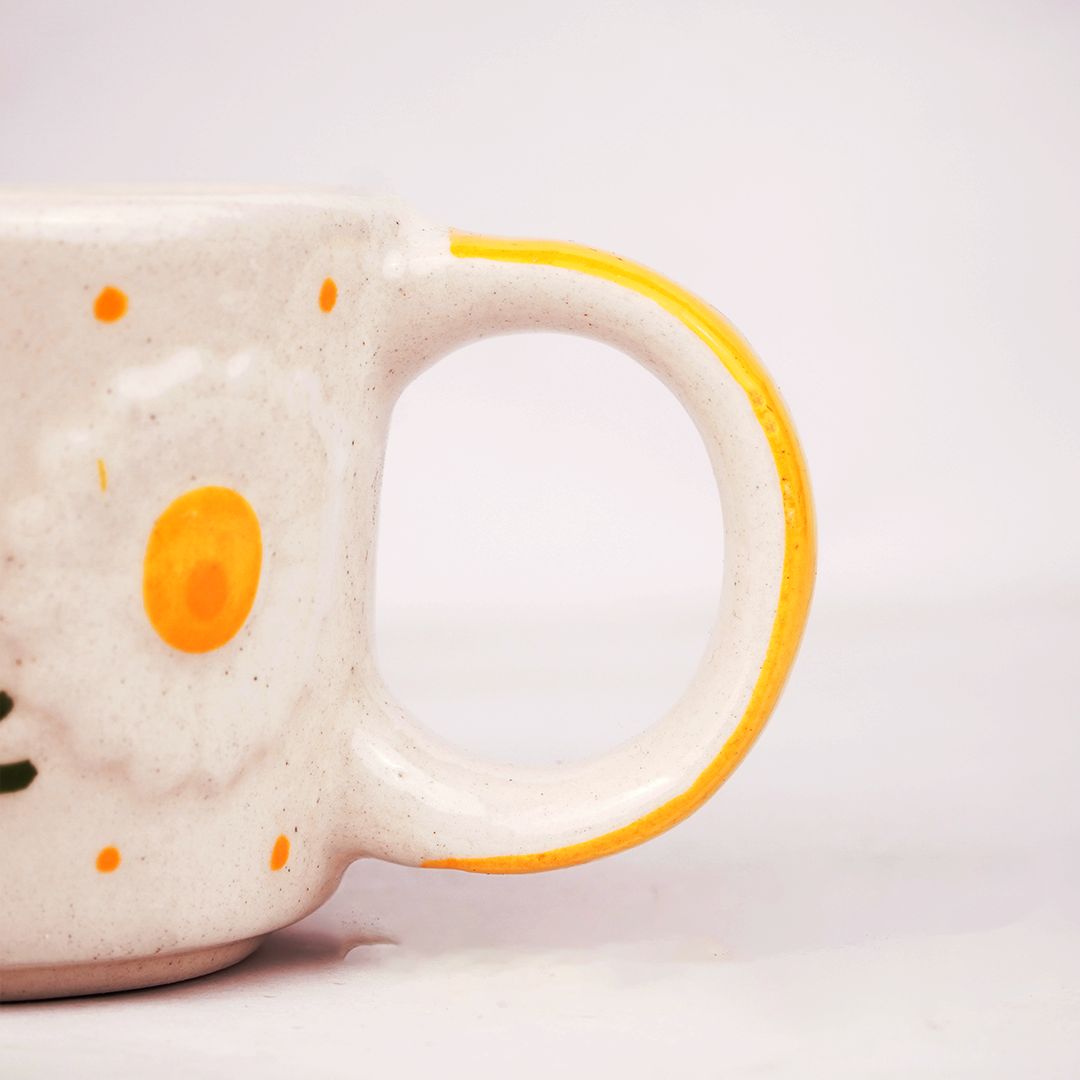 White Ceramic Orange Mug – Hand-Painted Citrus & Sun Design Coffee Cup