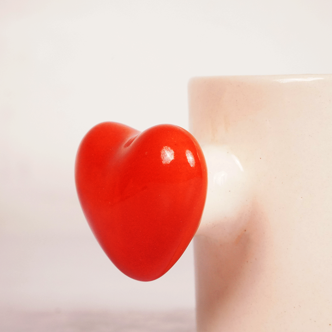 White Ceramic Mug with Red Heart Handle – Minimalist Cute Coffee & Tea Cup