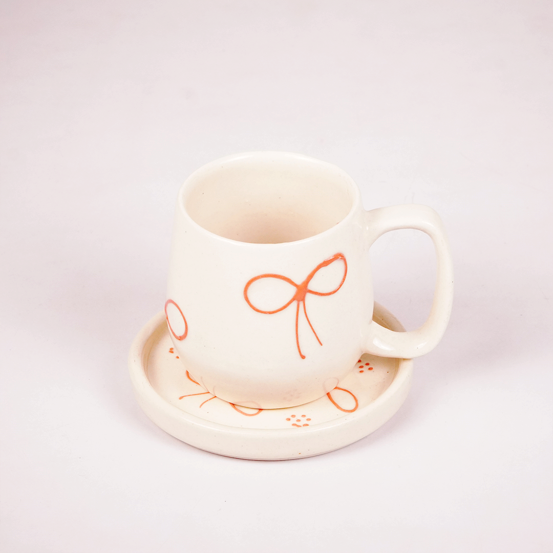 White Ceramic Bow Mug with Saucer – Cute Ribbon Design Coffee & Tea Cup