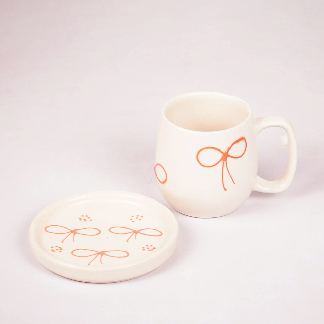 White Ceramic Bow Mug with Saucer – Cute Ribbon Design Coffee & Tea Cup