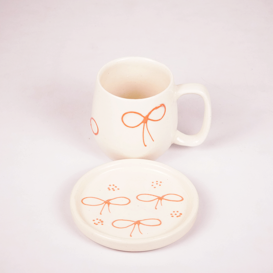 White Ceramic Bow Mug with Saucer – Cute Ribbon Design Coffee & Tea Cup