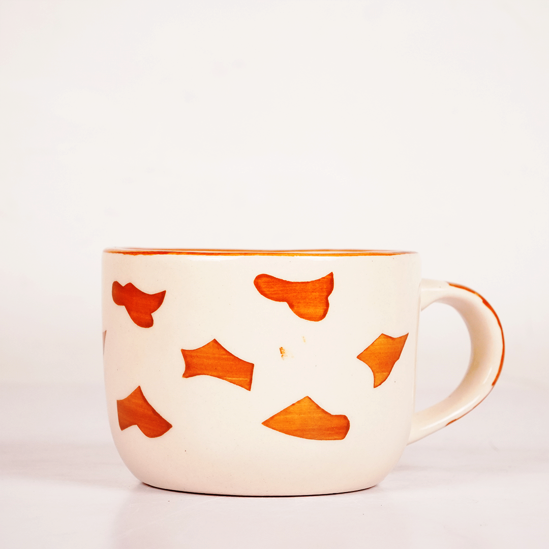 White Ceramic Abstract Pattern Mug – Hand-Painted Orange Print Coffee & Tea Cup