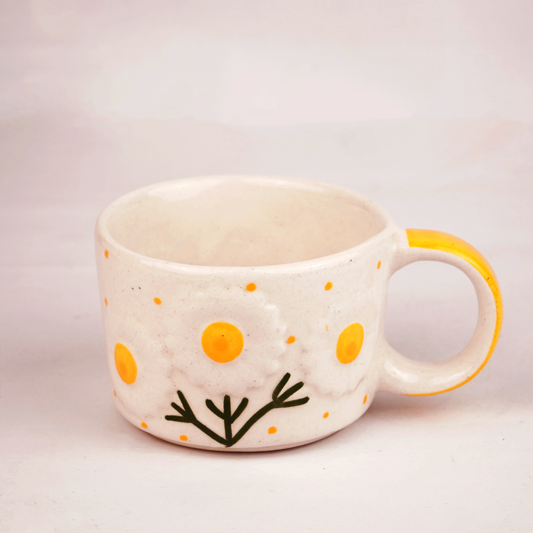 White Ceramic Orange Mug – Hand-Painted Citrus & Sun Design Coffee Cup