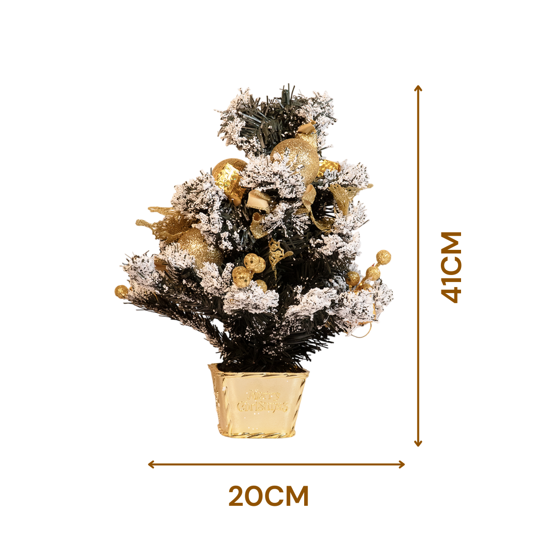 Snow-Frosted Mini Christmas Tree with Golden Decorations ( Random colors)