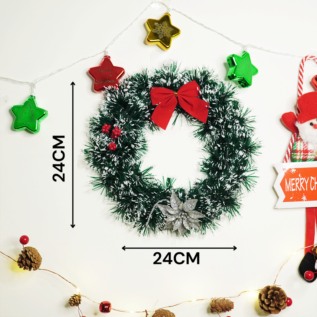 Snow-Frosted Christmas Wreath with Red Bow & Silver Flower
