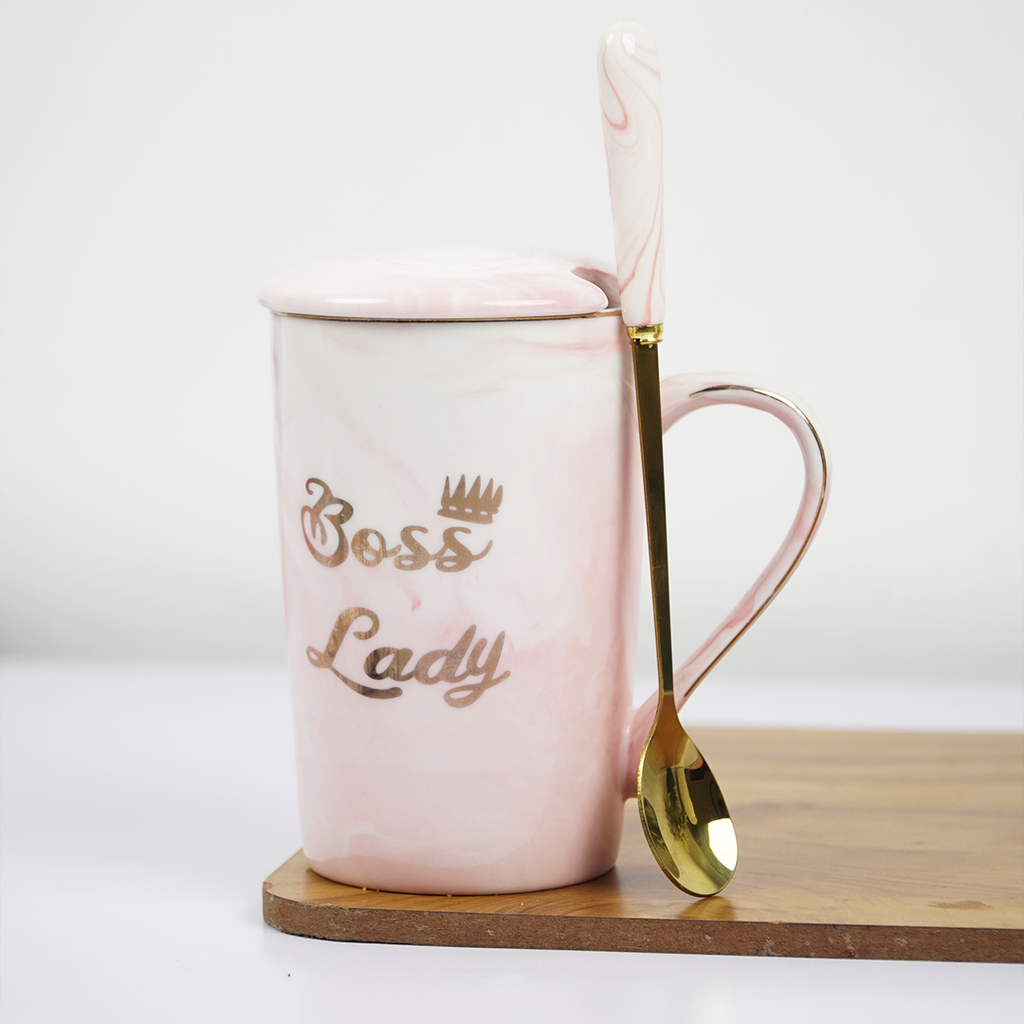Boss Lady Ceramic Coffee Mug with Lid & Spoon | Pink Marble Design | Stylish Tea & Coffee Mug for Office & Home | Gift for Women