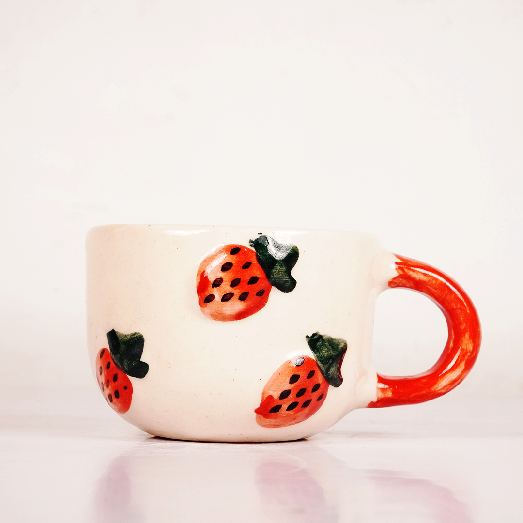 White Ceramic Strawberry Mug – 3D Fruit Design Coffee & Tea Cup with Red Handle