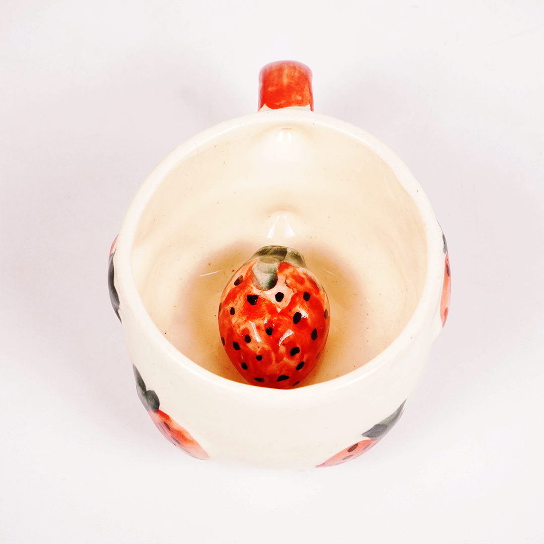 White Ceramic Strawberry Mug – 3D Fruit Design Coffee & Tea Cup with Red Handle