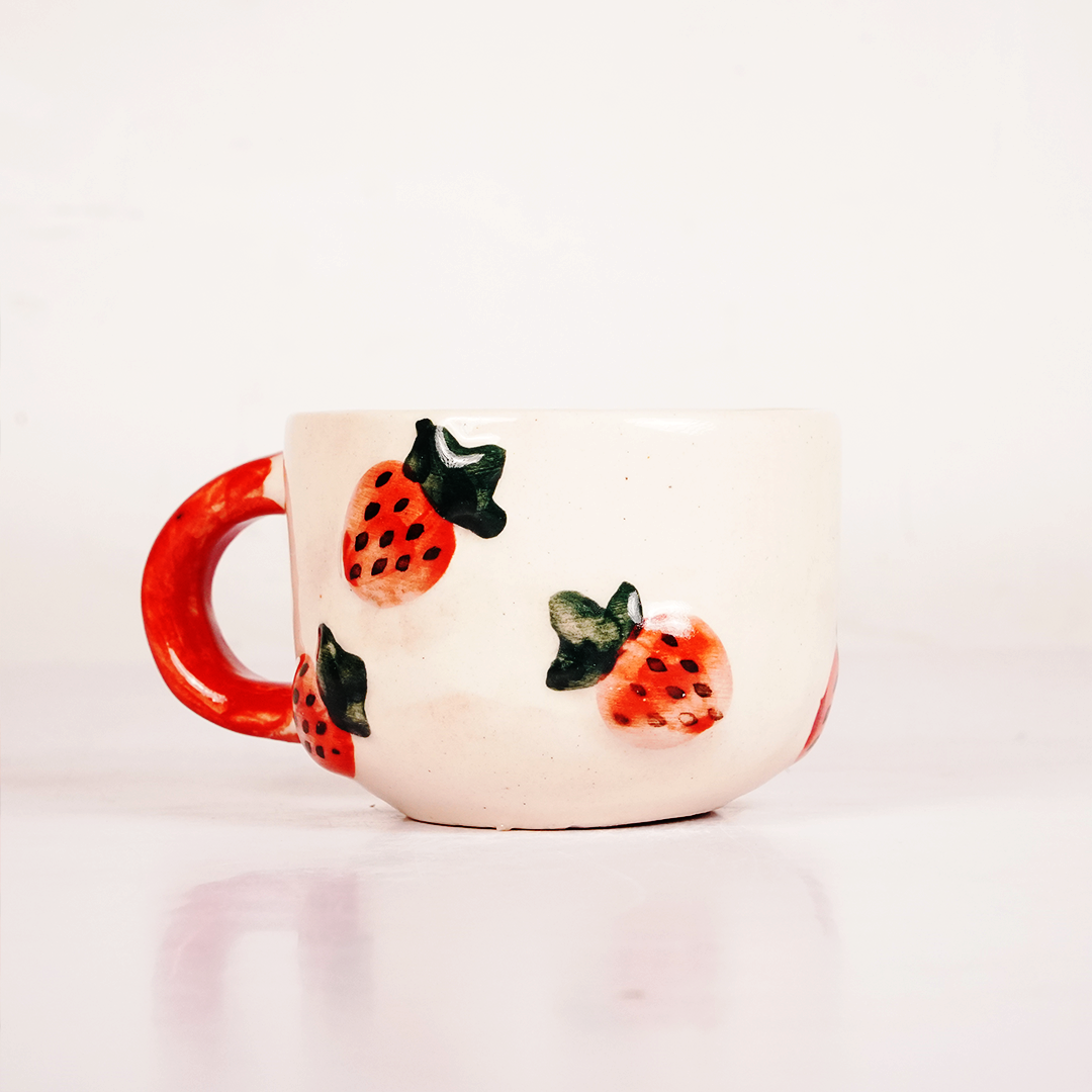 White Ceramic Strawberry Mug – 3D Fruit Design Coffee & Tea Cup with Red Handle