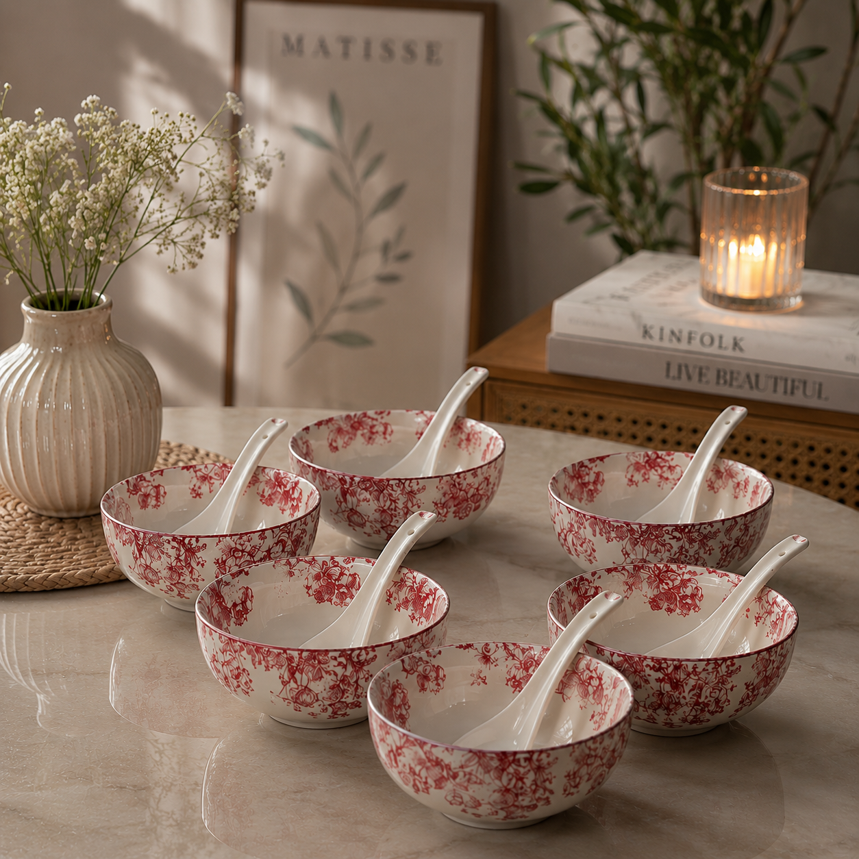 Vintage Floral Ceramic Soup Bowl Set of 6 Red Flower Print Serving & Snack Bowls