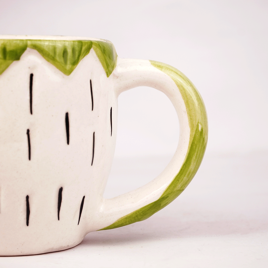 White & Green Ceramic Mug with Hand-Painted Leaf Design – Cute Aesthetic Coffee Cup for Tea & Home