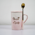 Boss Lady Ceramic Coffee Mug with Lid & Spoon | Pink Marble Design | Stylish Tea & Coffee Mug for Office & Home | Gift for Women