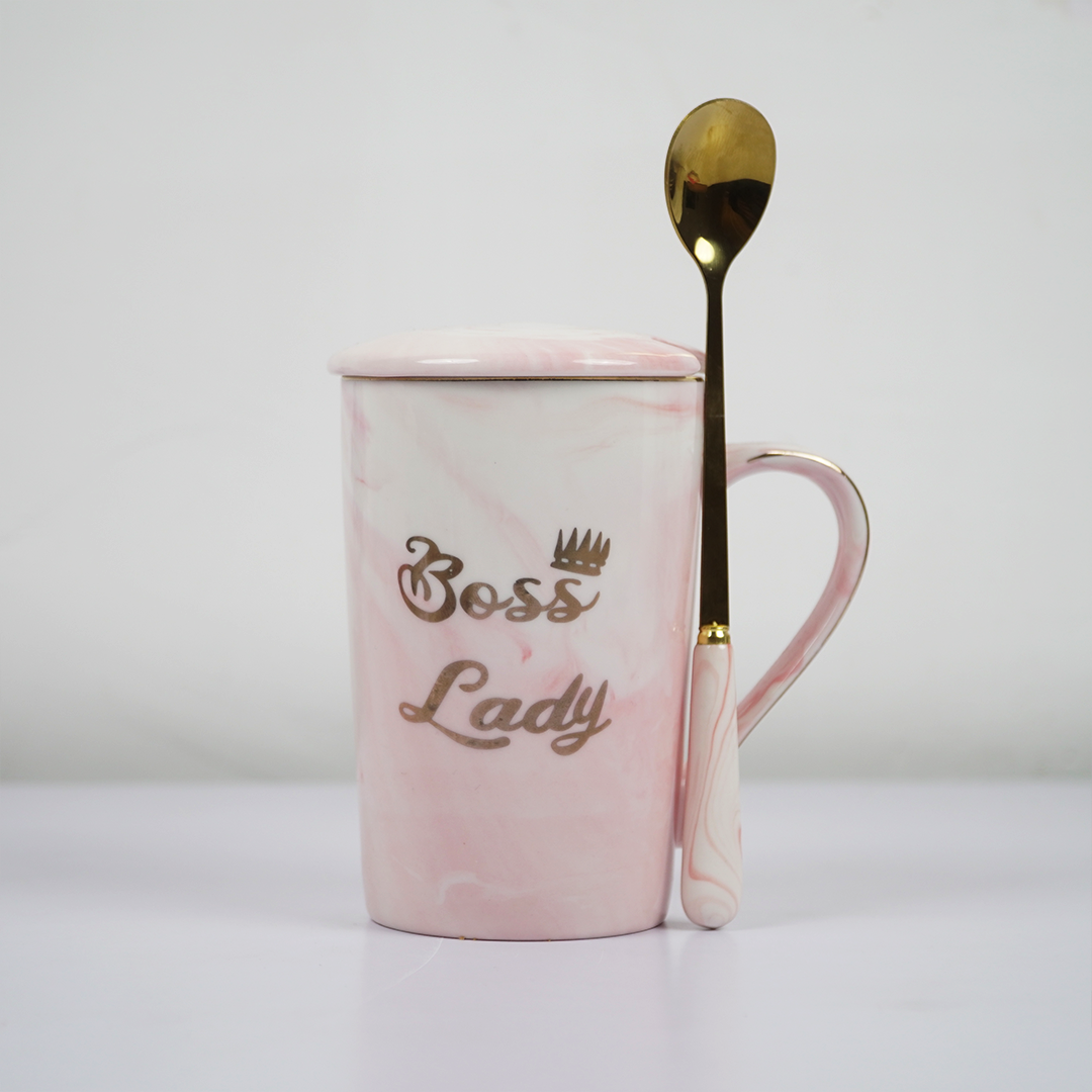 Boss Lady Ceramic Coffee Mug with Lid & Spoon | Pink Marble Design | Stylish Tea & Coffee Mug for Office & Home | Gift for Women