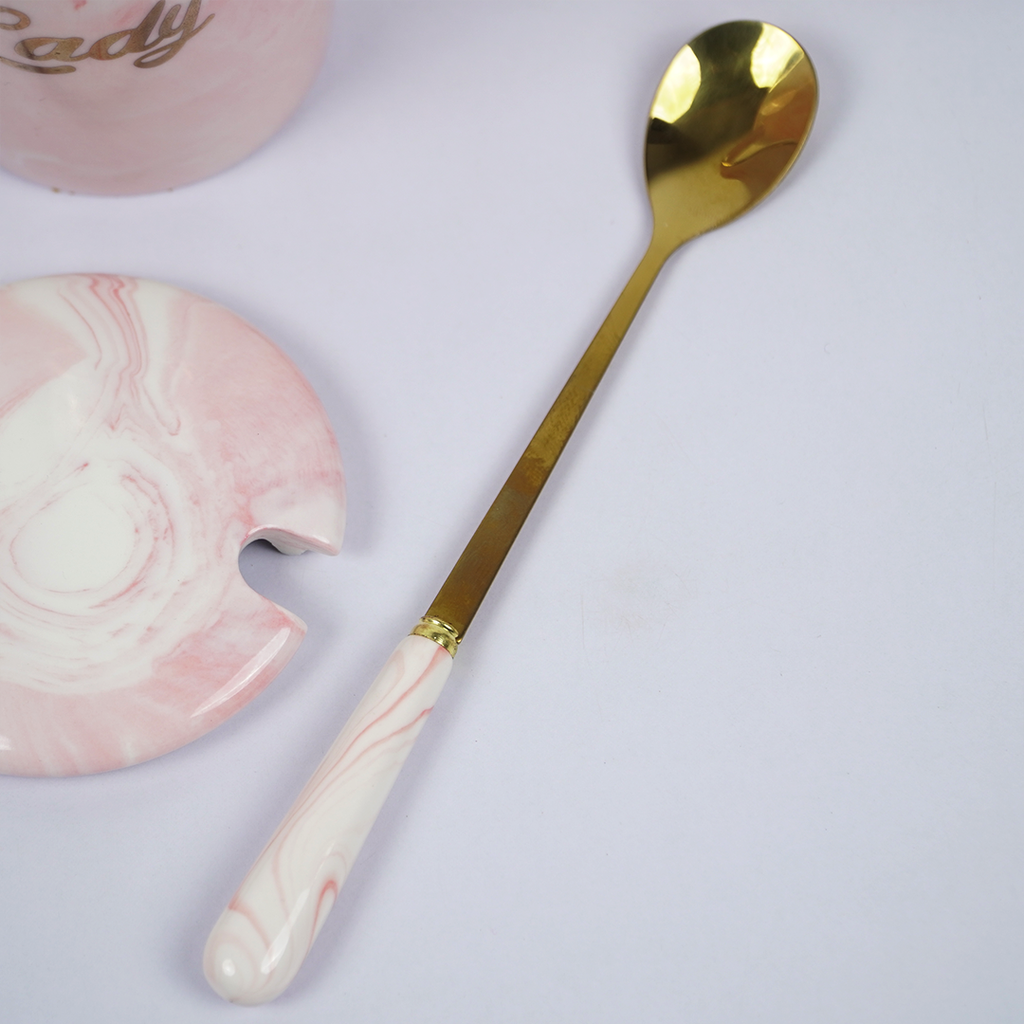 Boss Lady Ceramic Coffee Mug with Lid & Spoon | Pink Marble Design | Stylish Tea & Coffee Mug for Office & Home | Gift for Women