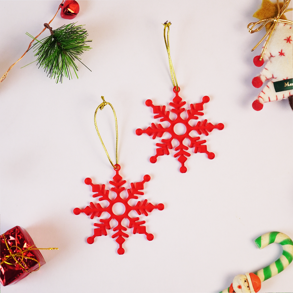Set-2 Christmas Snowflake Ornaments – Red Hanging Decorations for Tree