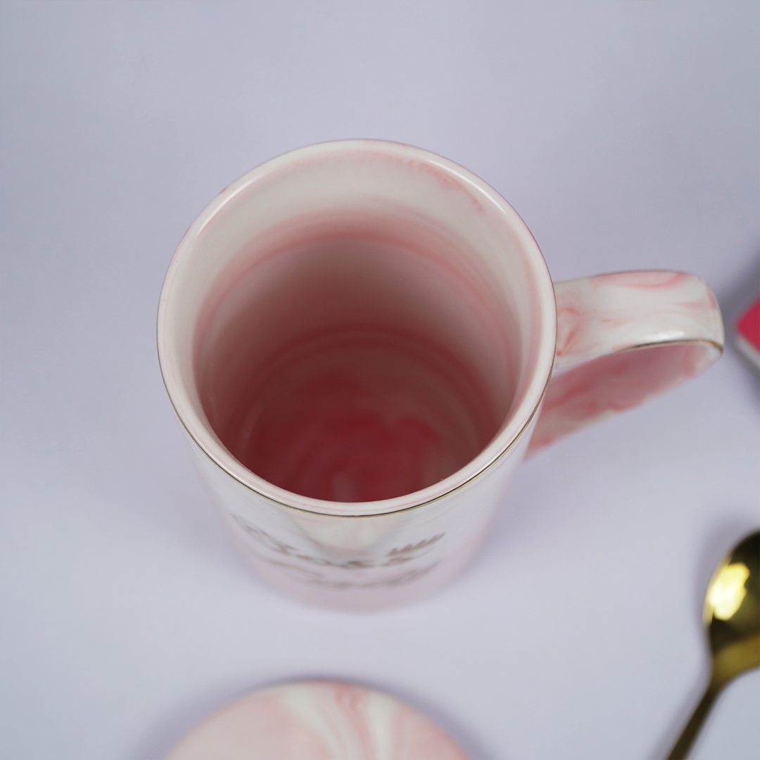 Boss Lady Ceramic Coffee Mug with Lid & Spoon | Pink Marble Design | Stylish Tea & Coffee Mug for Office & Home | Gift for Women