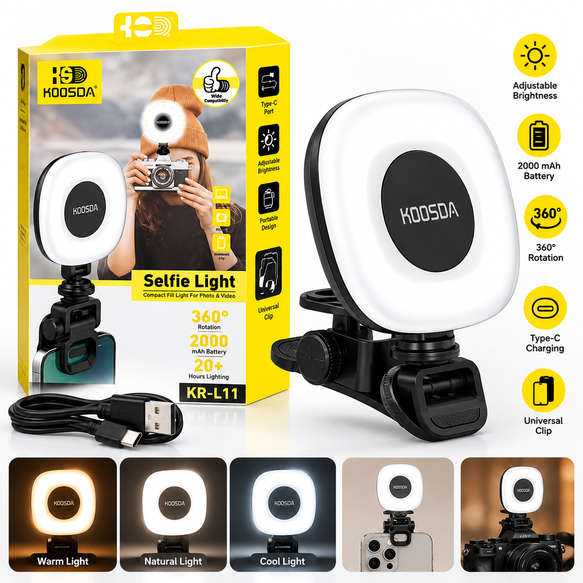 Rechargeable Selfie Light | Clip-On LED Fill Light for Phone & Camera | Adjustable Brightness