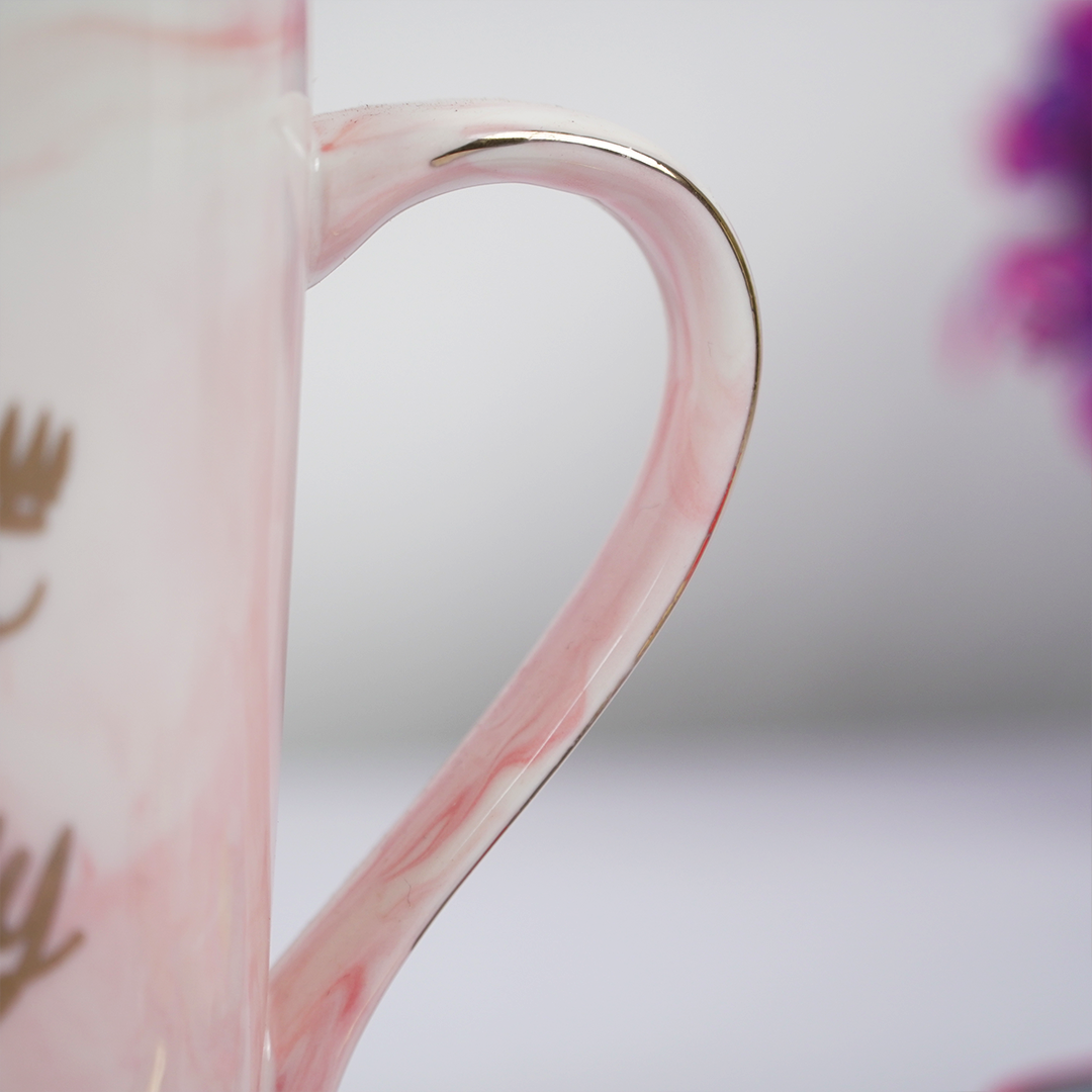 Boss Lady Ceramic Coffee Mug with Lid & Spoon | Pink Marble Design | Stylish Tea & Coffee Mug for Office & Home | Gift for Women