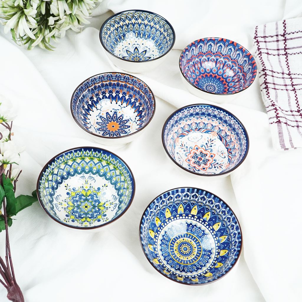 Handcrafted Ceramic Serving Bowl Set | Blue & Multicolor Printed Snack, Dip & Dessert Bowls for Kitchen & Dining