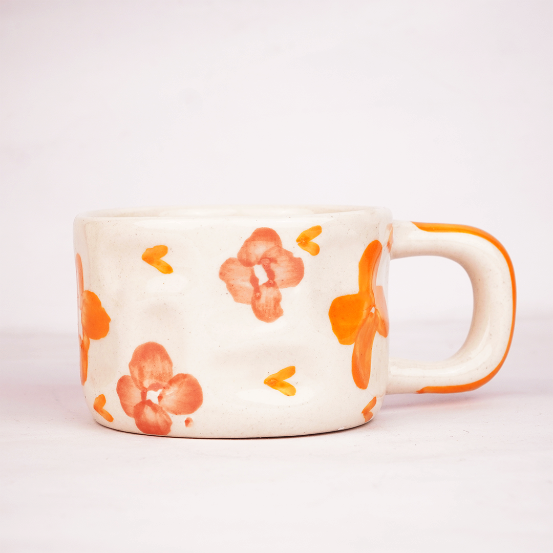 Cream Ceramic Mug with Orange Floral Design – Cute Aesthetic Coffee Cup for Tea & Coffee