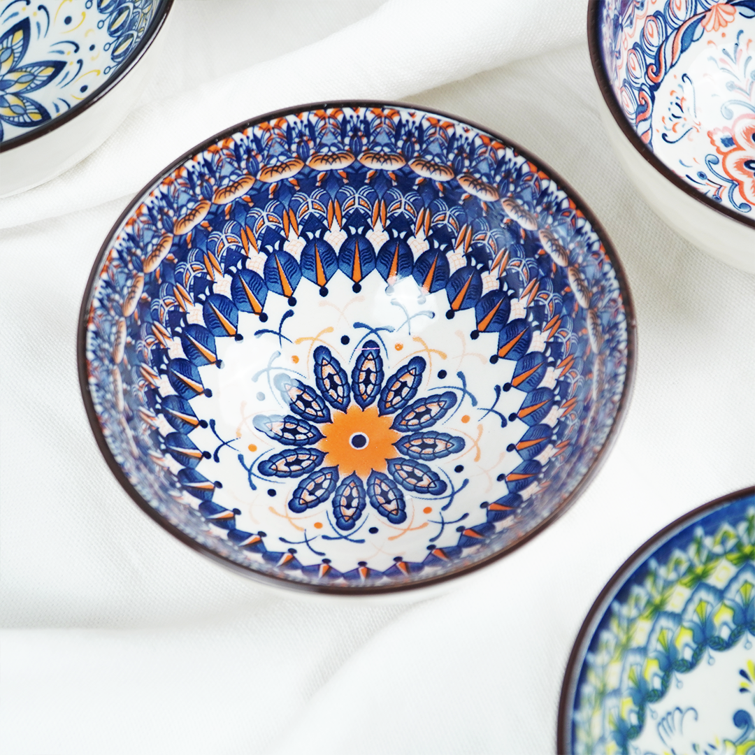 Handcrafted Ceramic Serving Bowl Set | Blue & Multicolor Printed Snack, Dip & Dessert Bowls for Kitchen & Dining