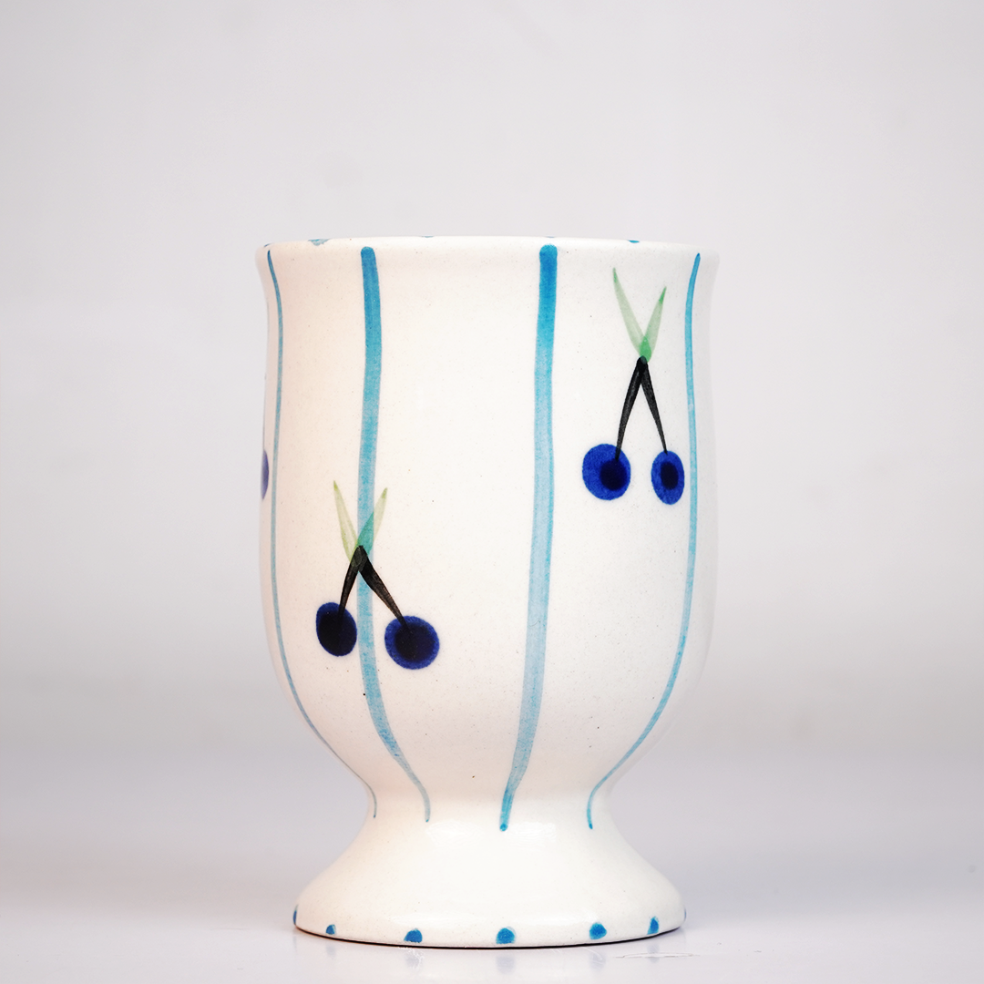 Ceramic Drinking Cup with Blue Cherry & Stripe Design