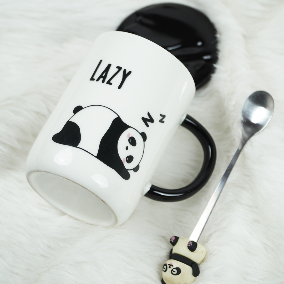 Lazy Panda Ceramic Coffee Mug with Lid & Spoon | Cute Panda Design | Tea & Coffee Mug for Home & Office | Gift Mug