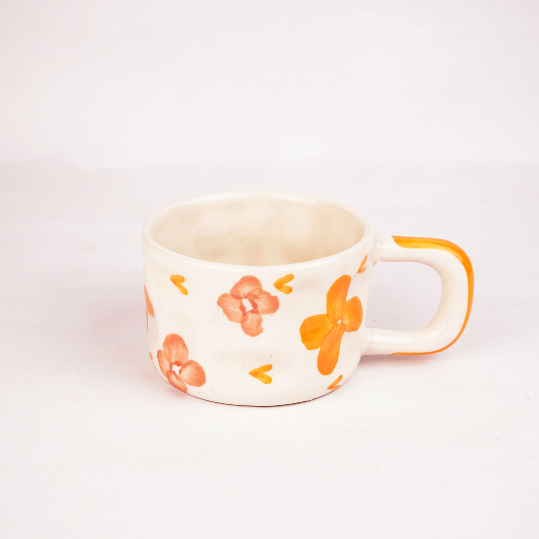 Cream Ceramic Mug with Orange Floral Design – Cute Aesthetic Coffee Cup for Tea & Coffee