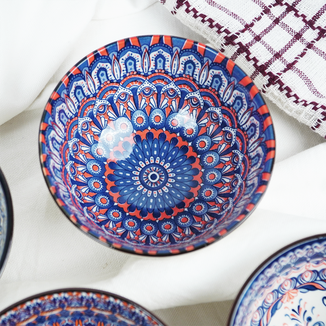 Handcrafted Ceramic Serving Bowl Set | Blue & Multicolor Printed Snack, Dip & Dessert Bowls for Kitchen & Dining