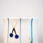 Ceramic Drinking Cup with Blue Cherry & Stripe Design