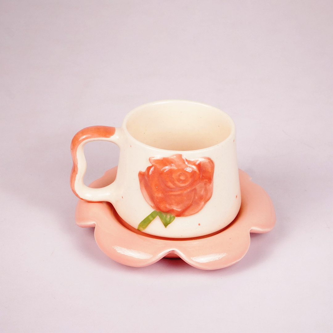 White Ceramic Rose Tea Cup & Saucer Set – Pink Floral Coffee Cup with Flower-Shaped Saucer