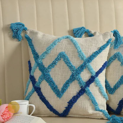 Blue Geometric Boho Cushion Cover Set – Tufted Textured Decorative Throw Pillows with Tassels for Sofa, Living Room & Bedroom (Pack of 2)
