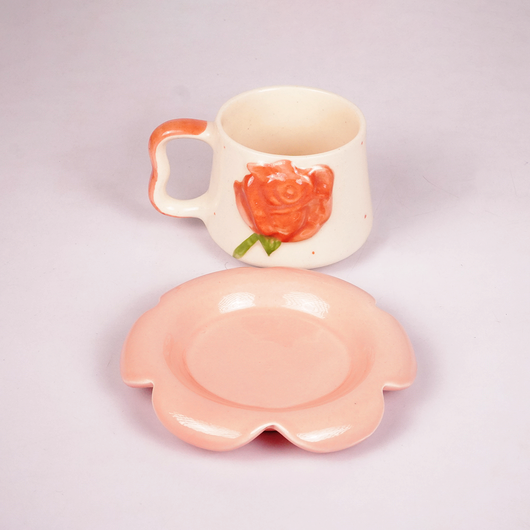 White Ceramic Rose Tea Cup & Saucer Set – Pink Floral Coffee Cup with Flower-Shaped Saucer