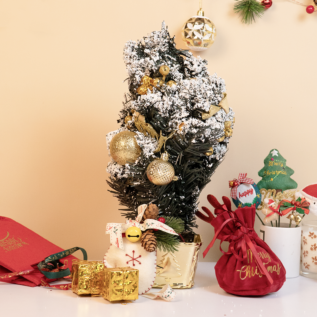 Snow-Frosted Mini Christmas Tree with Golden Decorations ( Random colors)