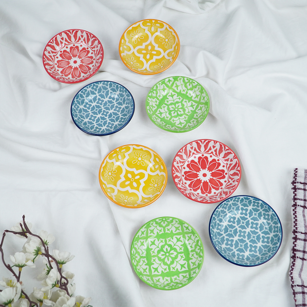 Set-8 Colorful Printed Ceramic Bowls Set | Multicolor Snack, Dip & Dessert Bowls for Kitchen & Dining