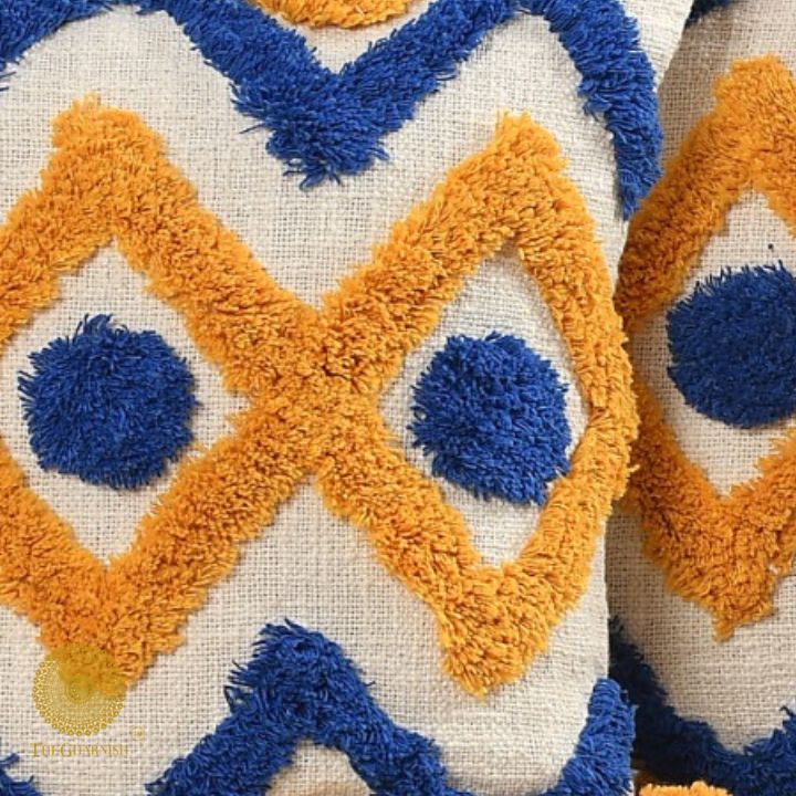 Multicolor Boho Zigzag Tufted Cushion Cover Set – Blue & Mustard Textured Decorative Throw Pillows Cover Set with Tassels for Sofa, Living Room & Bedroom (Pack of 2)