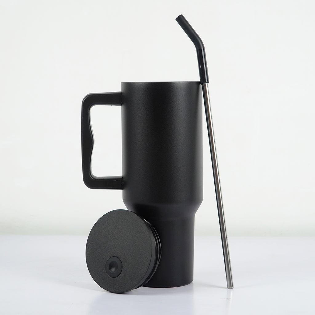 Matte Black Insulated Travel Mug with Handle & Straw
