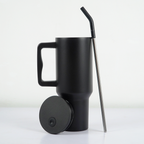 Matte Black Insulated Travel Mug with Handle & Straw