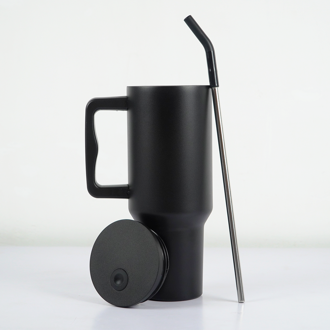 Matte Black Insulated Travel Mug with Handle & Straw
