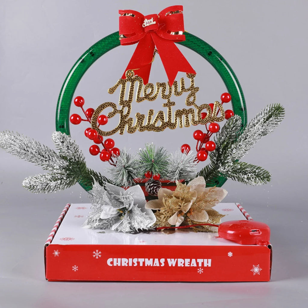 LED Christmas Wreath with Flowers & Red Bow – 30cm