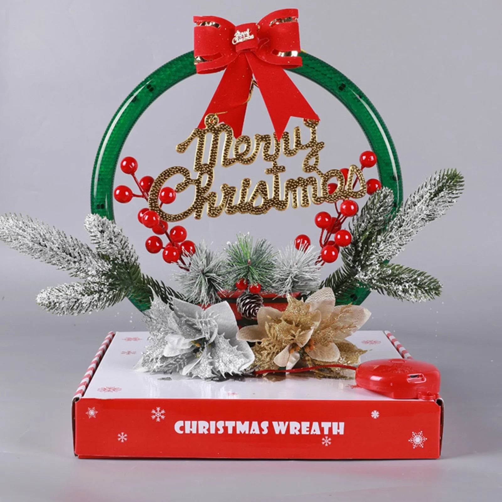 LED Christmas Wreath with Flowers & Red Bow – 30cm