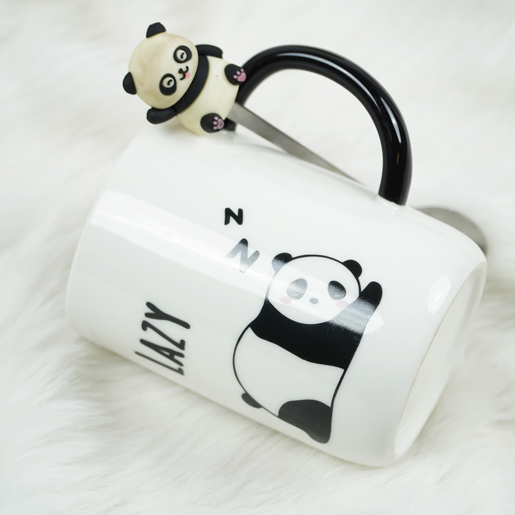 Lazy Panda Ceramic Coffee Mug with Lid & Spoon | Cute Panda Design | Tea & Coffee Mug for Home & Office | Gift Mug