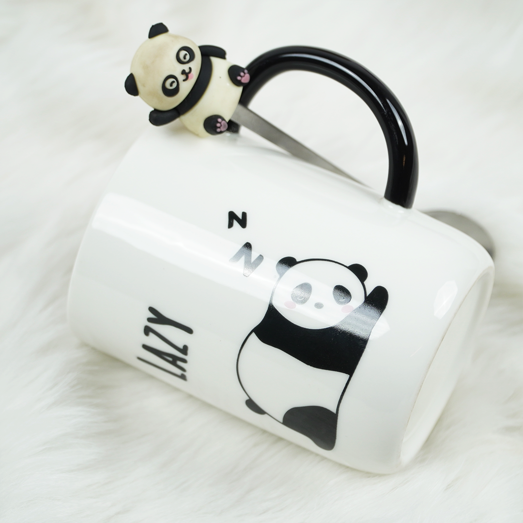 Lazy Panda Ceramic Coffee Mug with Lid & Spoon | Cute Panda Design | Tea & Coffee Mug for Home & Office | Gift Mug