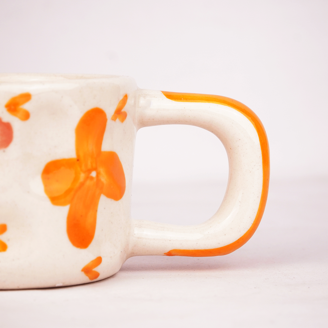 Cream Ceramic Mug with Orange Floral Design – Cute Aesthetic Coffee Cup for Tea & Coffee