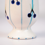 Ceramic Drinking Cup with Blue Cherry & Stripe Design
