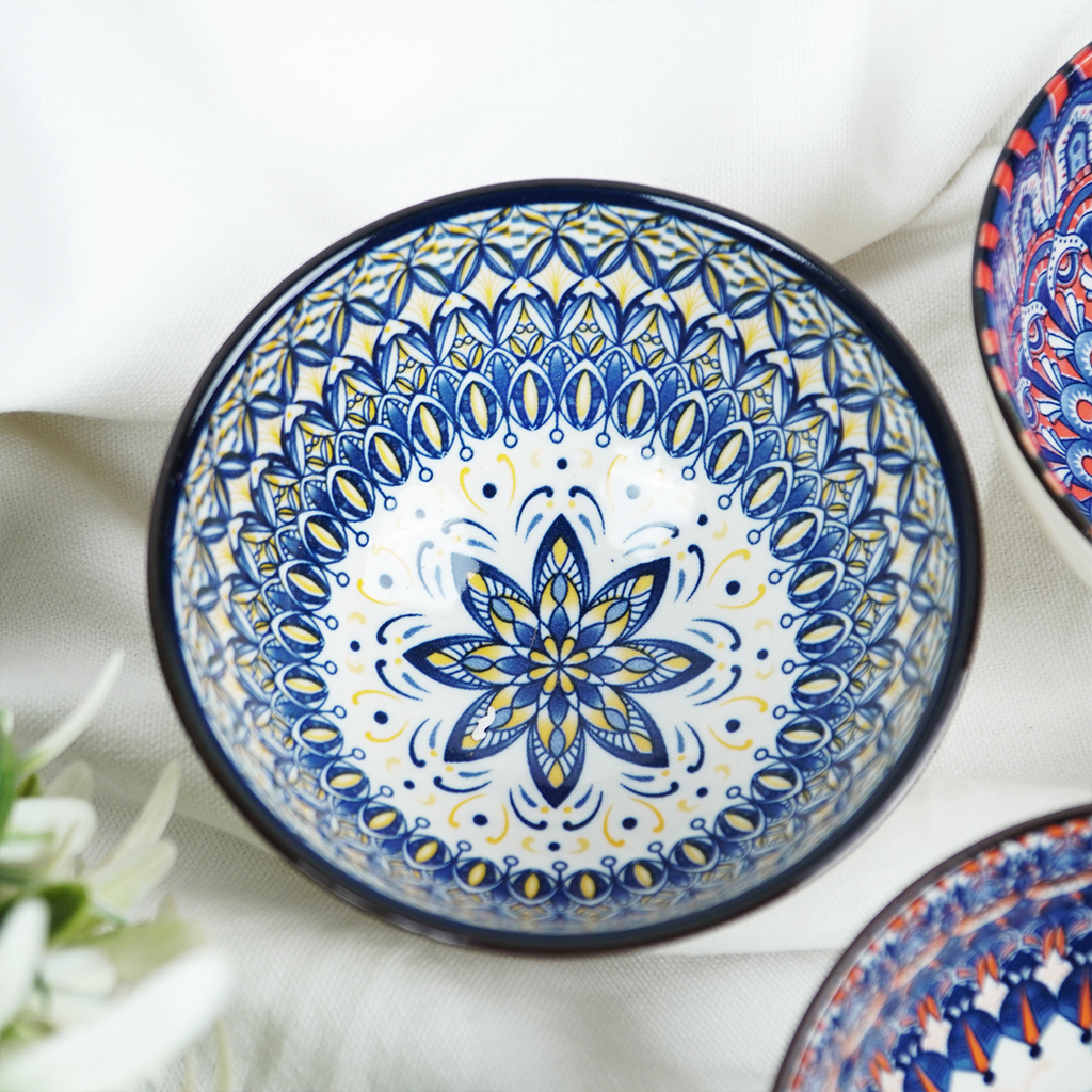 Handcrafted Ceramic Serving Bowl Set | Blue & Multicolor Printed Snack, Dip & Dessert Bowls for Kitchen & Dining