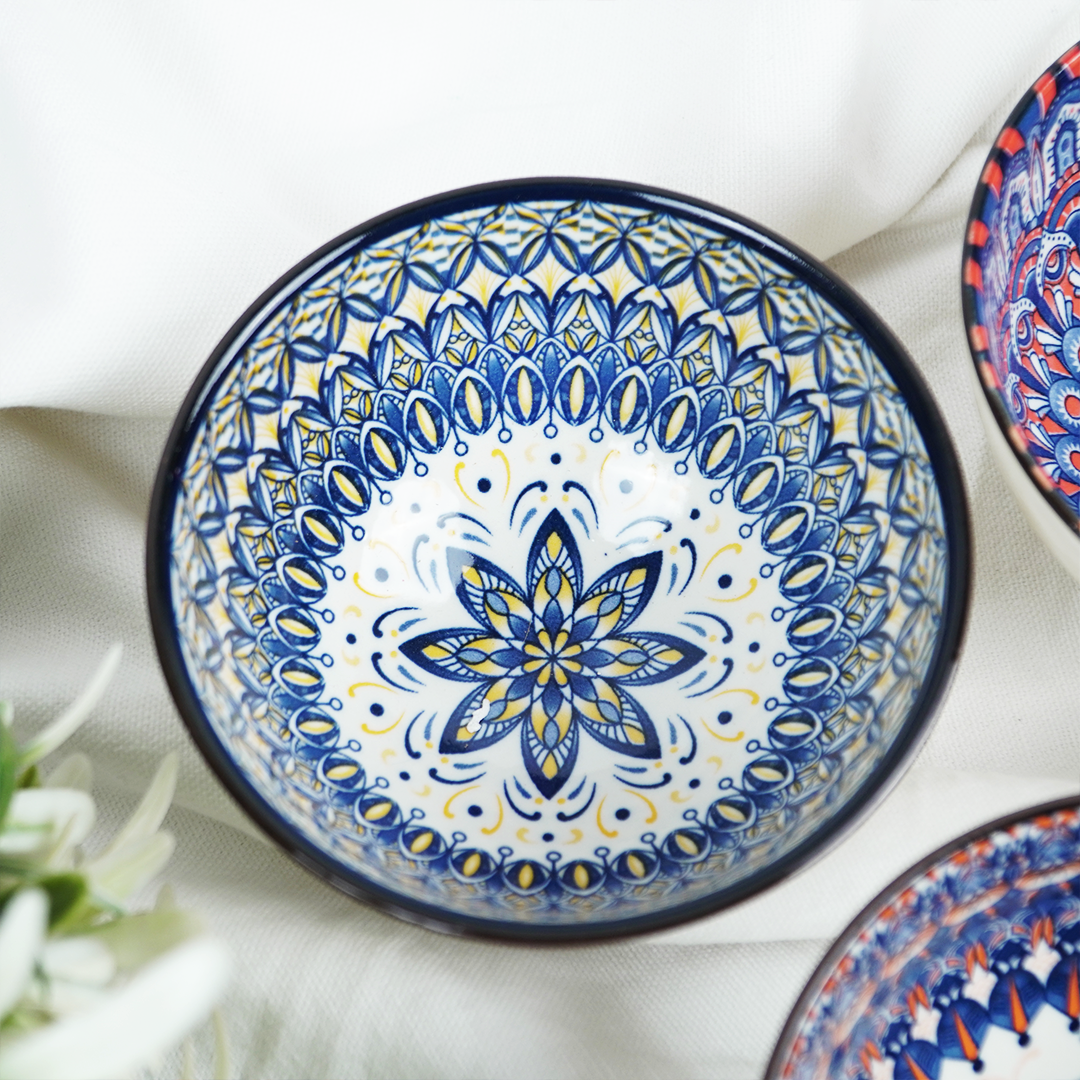 Handcrafted Ceramic Serving Bowl Set | Blue & Multicolor Printed Snack, Dip & Dessert Bowls for Kitchen & Dining