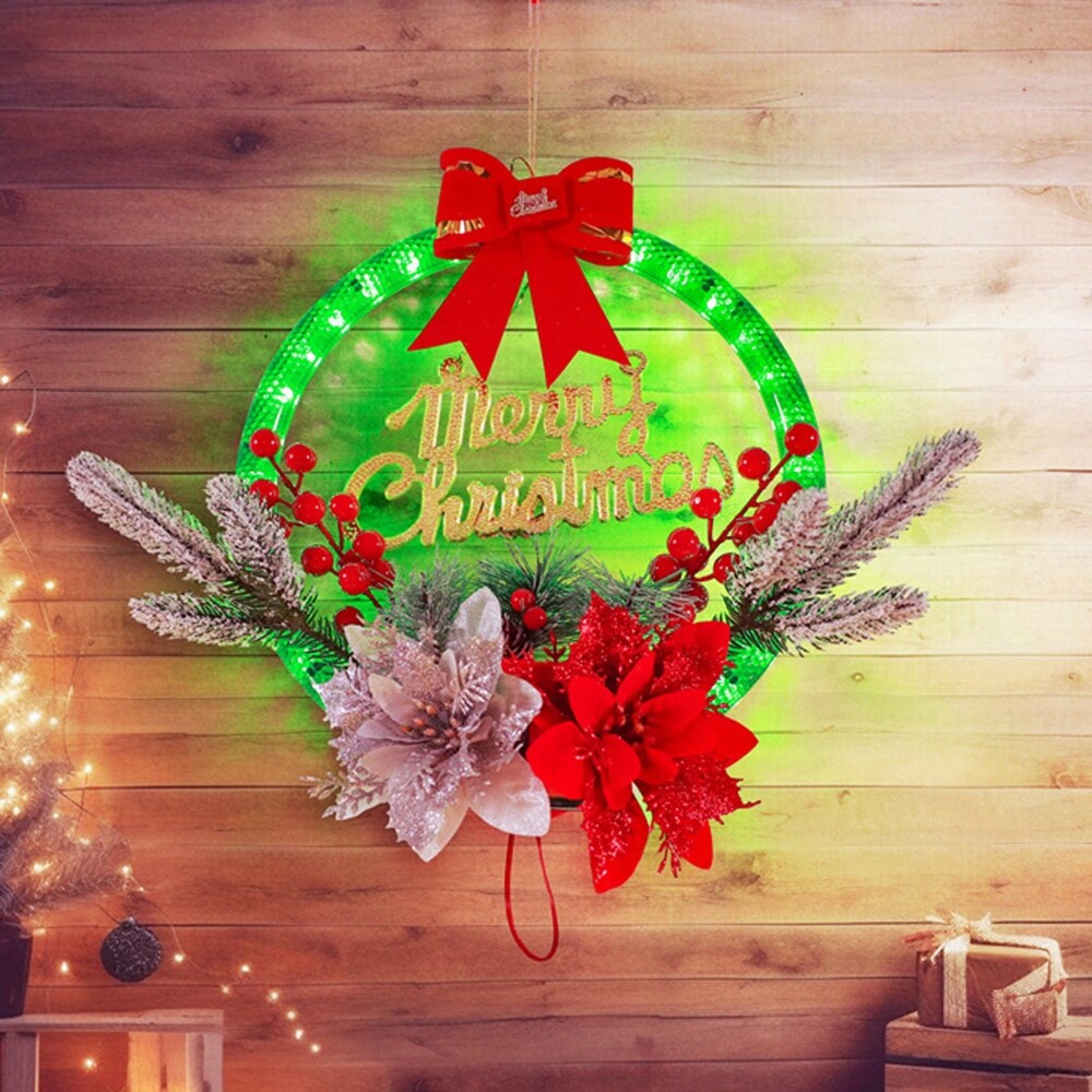 LED Christmas Wreath with Flowers & Red Bow – 30cm
