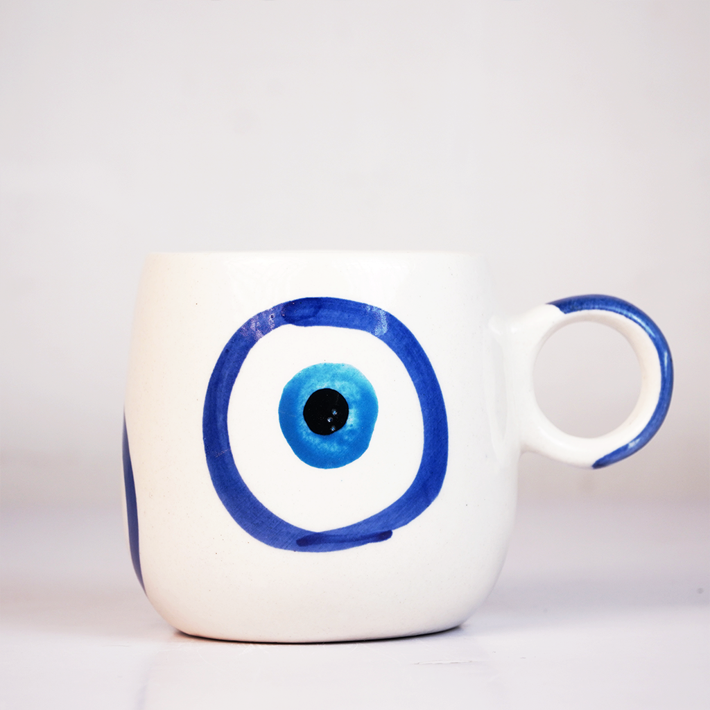 Ceramic Coffee Mug with Blue Evil Eye Design