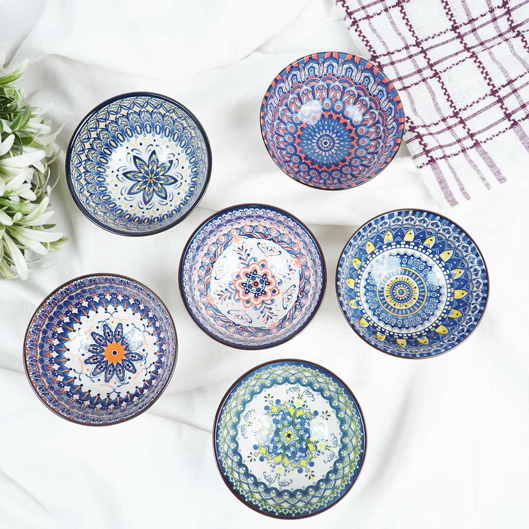 Handcrafted Ceramic Serving Bowl Set | Blue & Multicolor Printed Snack, Dip & Dessert Bowls for Kitchen & Dining